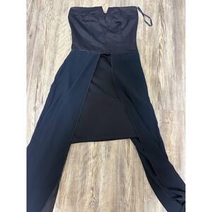 AX Paris Dress 6 Strapless Navy Blue Short Mini Long Sheer Overlay Modern Chic*